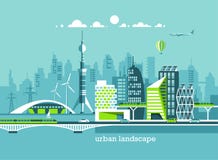 Green energy and eco friendly city. Modern architecture, buildings, skyscrapers. Flat vector illustration. Royalty Free Stock Images Green energy and eco friendly city. Modern architecture, buildings, skyscrapers. Flat vector illustration. Royalty Free Stock Images