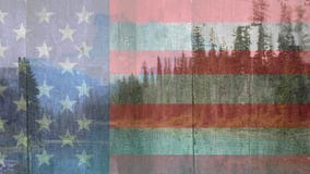 American flag and forest landscape. Green Forest with lake landscape against american flag background footage American flag and forest landscape. Green Forest with lake landscape against american flag background footage