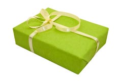 Green Gift Box With Yellow Satin Ribbon Bow Royalty Free Stock Photo