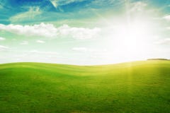 Green Grass Hills Under Midday Sun In Blue Sky. Royalty Free Stock Photography