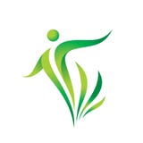 Green nature vector logo template. Health sign. Fitness woman concept illustration. Human character with leaves. Freedom icon. stock illustration Green nature vector logo template. Health sign. Fitness woman concept illustration. Human character with leaves. Freedom icon. stock illustration