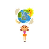 Green Planet and cute happy girl, save the planet, ecology concept vector Illustration on a white background royalty free illustration Green Planet and cute happy girl, save the planet, ecology concept vector Illustration on a white background royalty free illustration