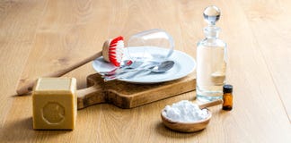 Green soap, essential oils and baking soda for DIY cleaning Royalty Free Stock Image Green soap, essential oils and baking soda for DIY cleaning Royalty Free Stock Image