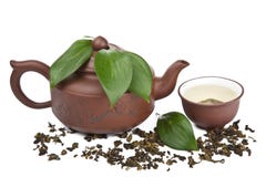 Green Tea In Cup And Pot Isolated Stock Photo