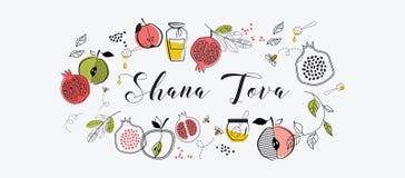 Greeting banner with symbols of Jewish holiday Rosh Hashana , New Year. blessing of Happy new year, shana tova. vector royalty free illustration Greeting banner with symbols of Jewish holiday Rosh Hashana , New Year. blessing of Happy new year, shana tova. vector royalty free illustration