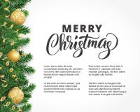 Greeting card with fir tree garland, ornaments and Merry Christmas text royalty free illustration Greeting card with fir tree garland, ornaments and Merry Christmas text royalty free illustration
