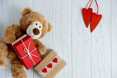 Greeting Card For Birthday, Mother`s Day, Valentine`s Day. Toy Bear With Hearts, Gift Boxes On A Light Wooden Background. View Royalty Free Stock Photos