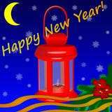 Greeting card happy new year. Red Christmas lantern with burnin. G candle stock illustration Greeting card happy new year. Red Christmas lantern with burnin. G candle stock illustration
