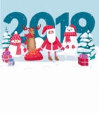 2019 greeting card with Santa, polar bear, snowman, deer and Christmas trees. Vector illustration vector illustration 2019 greeting card with Santa, polar bear, snowman, deer and Christmas trees. Vector illustration vector illustration