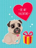 Greeting card for Valentine`s Day with a cute pug and gift in cut out style. royalty free illustration Greeting card for Valentine`s Day with a cute pug and gift in cut out style. royalty free illustration