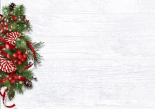 Greeting holiday card. Christmas decorations on white wood background royalty free stock photography Greeting holiday card. Christmas decorations on white wood background royalty free stock photography