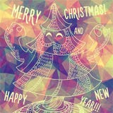 Greeting polygonal card: Merry Christmas and New Year. Christmas greeting card: Merry Christmas and Happy New Year. Christmas tree in childish doodles style stock illustration Greeting polygonal card: Merry Christmas and New Year. Christmas greeting card: Merry Christmas and Happy New Year. Christmas tree in childish doodles style stock illustration