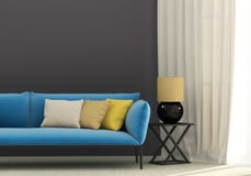 Grijs binnenland met blauwe bank