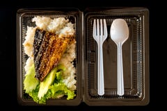 Grill fish on rice in plastic box, Take home food Stock Photos Grill fish on rice in plastic box, Take home food Stock Photos