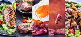 Grill Food. Grill meat - chicken, beef and bacon. Grill sirloin steak, chicken breast - chicken legs. royalty free stock photo Grill Food. Grill meat - chicken, beef and bacon. Grill sirloin steak, chicken breast - chicken legs. royalty free stock photo