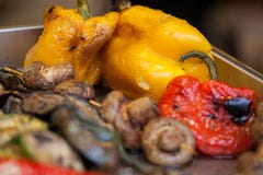 Grilled Pork Skewers and roasted Red Bell Pepper. Selective focus stock image Grilled Pork Skewers and roasted Red Bell Pepper. Selective focus stock image