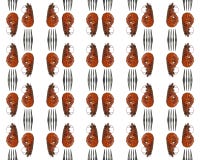 Grilled shrimps and forks fragments repeat tile border pattern stock photography Grilled shrimps and forks fragments repeat tile border pattern stock photography