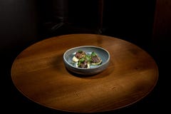 Grilled steak with vegetables puree on plate. Royalty Free Stock Photos Grilled steak with vegetables puree on plate. Royalty Free Stock Photos