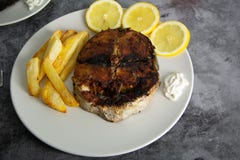 Grilled tuna seasoned with lemon, garlic and potatoes. Healthy food royalty free stock image Grilled tuna seasoned with lemon, garlic and potatoes. Healthy food royalty free stock image