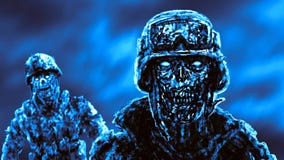 Grim zombie soldiers against the raging fire. royalty free illustration Grim zombie soldiers against the raging fire. royalty free illustration