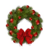 Grinalda verde do Natal do vetor com curva e os ornamento vermelhos ilustração stock Grinalda verde do Natal do vetor com curva e os ornamento vermelhos ilustração stock
