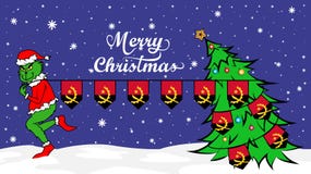 Grinch kraść flagę państowową Angola ilustracja Zielony potwór w Bożenarodzeniowym plakacie ilustracja wektor Grinch kraść flagę państowową Angola ilustracja Zielony potwór w Bożenarodzeniowym plakacie ilustracja wektor
