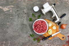 Grinder meat, onions, black pepper, salt, parsley Royalty Free Stock Image Grinder meat, onions, black pepper, salt, parsley Royalty Free Stock Image