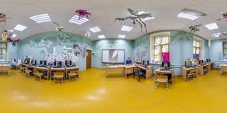 GRODNO, BELARUS - JUNE 2019: full seamless spherical hdri panorama 360 degrees angle view in interior computer class in university stock photo GRODNO, BELARUS - JUNE 2019: full seamless spherical hdri panorama 360 degrees angle view in interior computer class in university stock photo