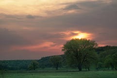 Groene bomen in een de lente heuvelige vallei bij de zonsondergang op weiden Het gelijk maken van bewolkte hemel bij de aardlands royalty-vrije stock fotografie Groene bomen in een de lente heuvelige vallei bij de zonsondergang op weiden Het gelijk maken van bewolkte hemel bij de aardlands royalty-vrije stock fotografie