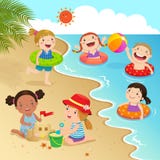 Groep jonge geitjes die pret op het strand hebben stock illustratie Groep jonge geitjes die pret op het strand hebben stock illustratie
