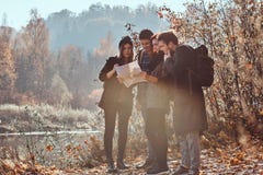 Groep jonge vrienden die in de herfst kleurrijk bos wandelen, bekijkend kaart en planningsstijging royalty-vrije stock afbeelding Groep jonge vrienden die in de herfst kleurrijk bos wandelen, bekijkend kaart en planningsstijging royalty-vrije stock afbeelding
