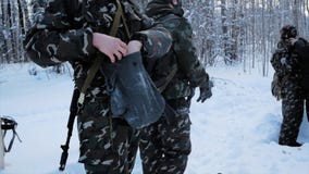 Groep speciale krachtenwapens in koude bosklem Militairen op oefeningen in het bos in de winter De winteroorlogvoering stock foto Groep speciale krachtenwapens in koude bosklem Militairen op oefeningen in het bos in de winter De winteroorlogvoering stock foto