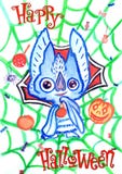 Groetkaart voor Halloween met een knuppel, snoepjes, brandende oranje pompoenen en een groen Web van Gelukkig Halloween royalty-vrije illustratie Groetkaart voor Halloween met een knuppel, snoepjes, brandende oranje pompoenen en een groen Web van Gelukkig Halloween royalty-vrije illustratie