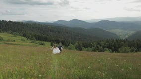 Groom with bride go for a picnic on a mountain hills. Wedding couple. Family stock footage Groom with bride go for a picnic on a mountain hills. Wedding couple. Family stock footage