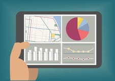 Groot die gegevens en analyticsdashboard op het tabletscherm als illustratie wordt getoond vector illustratie Groot die gegevens en analyticsdashboard op het tabletscherm als illustratie wordt getoond vector illustratie