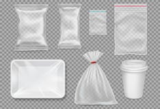 Grote reeks van plastic verpakking - zakken, dienblad, kop vector illustratie Grote reeks van plastic verpakking - zakken, dienblad, kop vector illustratie