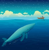 Grote walvis, visser en boot, nachthemel, kalme overzees royalty-vrije illustratie Grote walvis, visser en boot, nachthemel, kalme overzees royalty-vrije illustratie