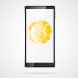 Grote zwarte realistische mobiele slimme touch-sensitive slanke mobiele telefoon met schaduw met gouden muntstuk bitcoin, crypto- stock illustratie Grote zwarte realistische mobiele slimme touch-sensitive slanke mobiele telefoon met schaduw met gouden muntstuk bitcoin, crypto- stock illustratie
