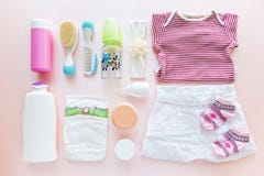 Group of baby girl clothes and equipment. stock image Group of baby girl clothes and equipment. stock image