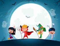 Group of cartoon kids in Halloween in the moonlight royalty free illustration Group of cartoon kids in Halloween in the moonlight royalty free illustration