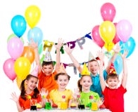 Group of children at the birthday party with raised hands. Royalty Free Stock Photo Group of children at the birthday party with raised hands. Royalty Free Stock Photo