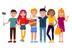 Group of cute happy teenagers having fun, standing together with gadgets, backpacks and books. School students. Set of stock illustration Group of cute happy teenagers having fun, standing together with gadgets, backpacks and books. School students. Set of stock illustration