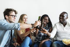 Group of diverse friends drinking beers together Royalty Free Stock Photos Group of diverse friends drinking beers together Royalty Free Stock Photos