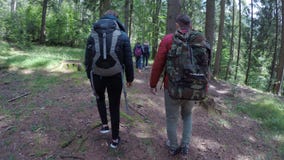 Group of ecologist people walking on a mountain trail trekking and enjoying green forest landscape - stock video footage Group of ecologist people walking on a mountain trail trekking and enjoying green forest landscape - stock video footage