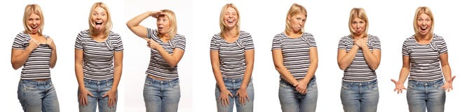 Group of emotional portraits of a young woman, white background royalty free stock photography Group of emotional portraits of a young woman, white background royalty free stock photography