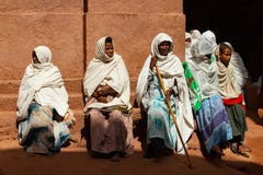 A group of Ethiopian women rest outside a church in Lalibela.