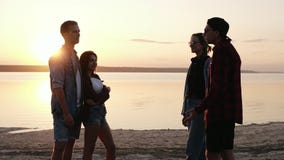 Group of friends hanging together on the beach. Sunset above the water. Beautiful two couples. Talking, gesturing stock footage Group of friends hanging together on the beach. Sunset above the water. Beautiful two couples. Talking, gesturing stock footage
