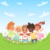 Group of happy joyful children on a green glade and the background of blue sky with clouds. Vector illustration stock illustration Group of happy joyful children on a green glade and the background of blue sky with clouds. Vector illustration stock illustration