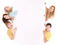 Group of happy people holding banner. royalty free stock photo Group of happy people holding banner. royalty free stock photo