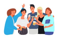 Group of happy young four people, carefree boys and girls clink and drink alcohol at a party. stock illustration Group of happy young four people, carefree boys and girls clink and drink alcohol at a party. stock illustration